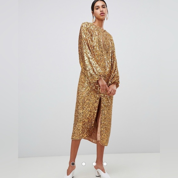 ASOS EDITION Sequin Midi Dress with Blouson Sleeve - Picture 3 of 11
